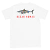 Great white ocean nomad short sleeve white t-shirt with great white shark and words ocean nomad on back, size adult m.