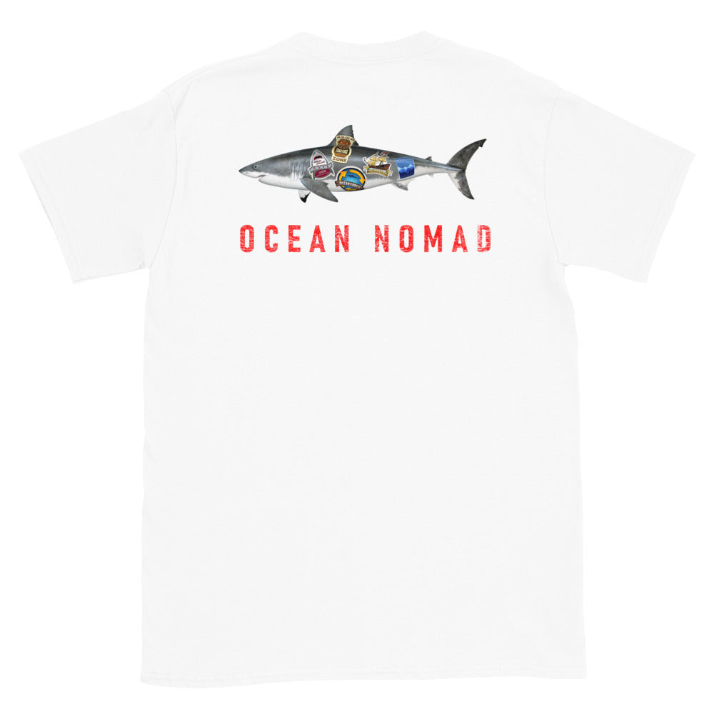 Great white ocean nomad short sleeve white t-shirt with great white shark and words ocean nomad on back, size adult m.