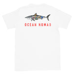 Great white ocean nomad short sleeve white t-shirt with great white shark and words ocean nomad on back, size adult m.