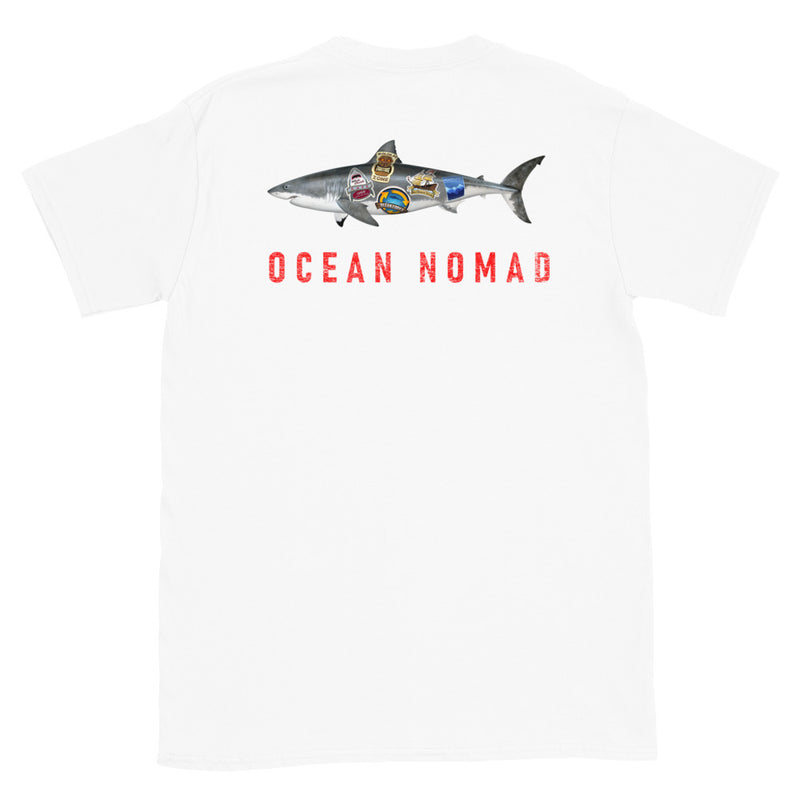 Great white ocean nomad short sleeve white t-shirt with great white shark and words ocean nomad on back, size adult m.