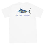 Blue marlin ocean nomad short sleeve white t-shirt with Blue marlin and words ocean nomad on back, size adult m.