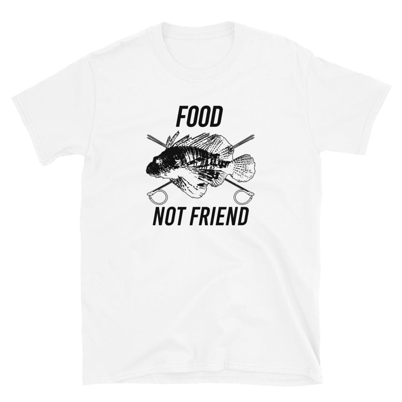 White color version of the short sleeve lionfish food not friend design t-shirt.