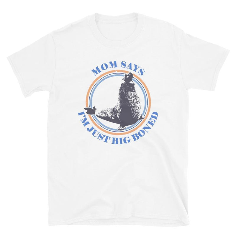 White color version of the short sleeve big boned elephant seal design t-shirt.