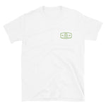 Loggerhead turtle ocean nomad short sleeve white t-shirt with loggerhead turtle and green travel stamp on front, size adult s.