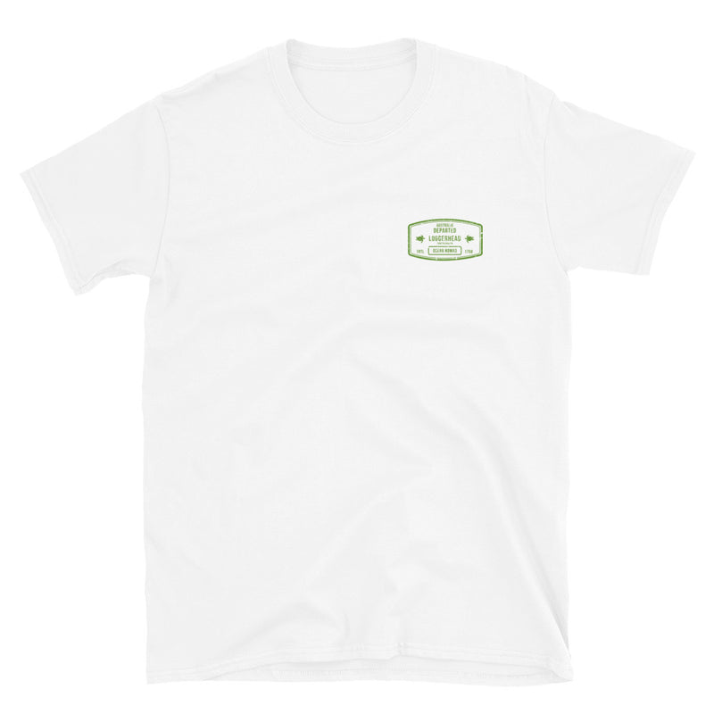 Loggerhead turtle ocean nomad short sleeve white t-shirt with loggerhead turtle and green travel stamp on front, size adult s.