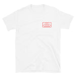 Gray whale ocean nomad short sleeve white t-shirt with whale and red travel stamp on front in size adult s.