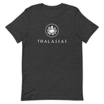 Thalassas unisex T-shirt word thalassas under octopus logo, in color dark grey heather, adult size XL.