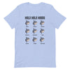 Mola mola moods short sleeve t-shirt, fish repeated nine times and mood listed under fish, happy etc., heather blue color.