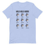 Mola mola moods short sleeve t-shirt, fish repeated nine times and mood listed under fish, happy etc., heather blue color.