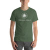 Person wearing a heather forest short sleeve t-shirt with thalassas logo in adult size 2XL.
