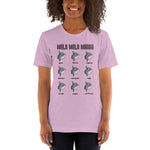 Person wearing a short sleeve t-shirt with mola mola moods design in color heather prism lilac.
