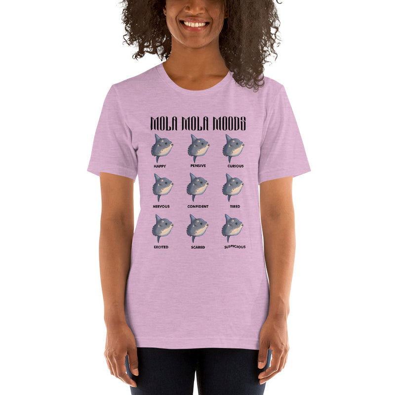 Person wearing a short sleeve t-shirt with mola mola moods design in color heather prism lilac.