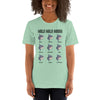Person wearing short sleeve t-shirt with mola mola moods design in color heather prism mint, adult size XS. 