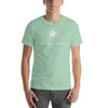 Person wearing a heather prism mint short sleeve t-shirt with thalassas logo in adult size 4XL.