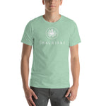Person wearing a heather prism mint short sleeve t-shirt with thalassas logo in adult size 4XL.
