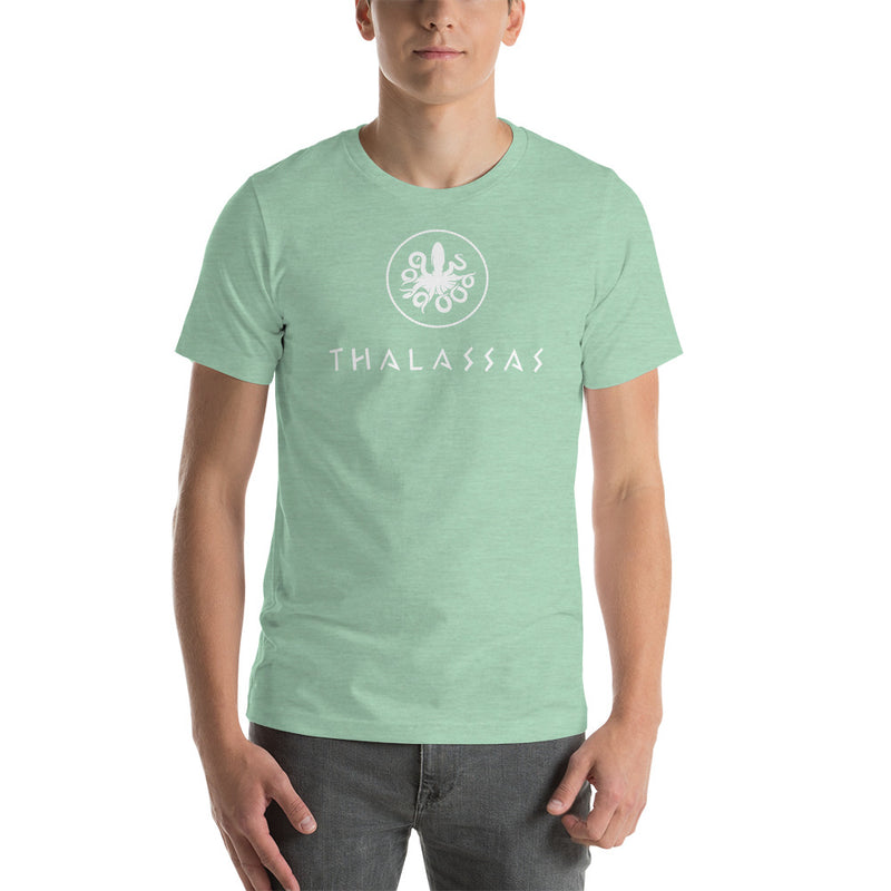 Person wearing a heather prism mint short sleeve t-shirt with thalassas logo in adult size 4XL.