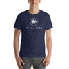 Person wearing a navy short sleeve t-shirt with thalassas logo in adult size S. 