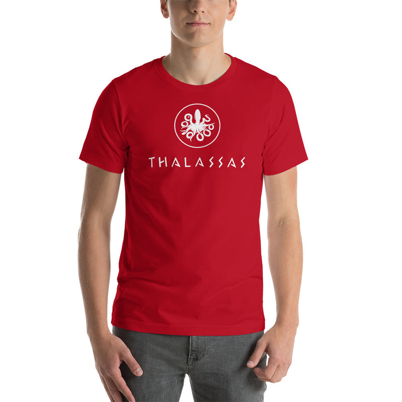 Person wearing a red short sleeve t-shirt with thalassas logo in adult size M.
