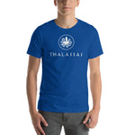 Person wearing a true royal short sleeve t-shirt with thalassas logo in adult size L.