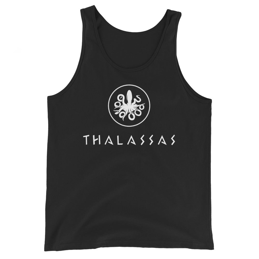 Thalassas unisex tank top, with octopus logo at top and word thalassas at bottom, in adult size XS, color black.
