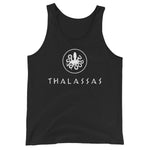 Thalassas unisex tank top, with octopus logo at top and word thalassas at bottom, in adult size XS, color black.