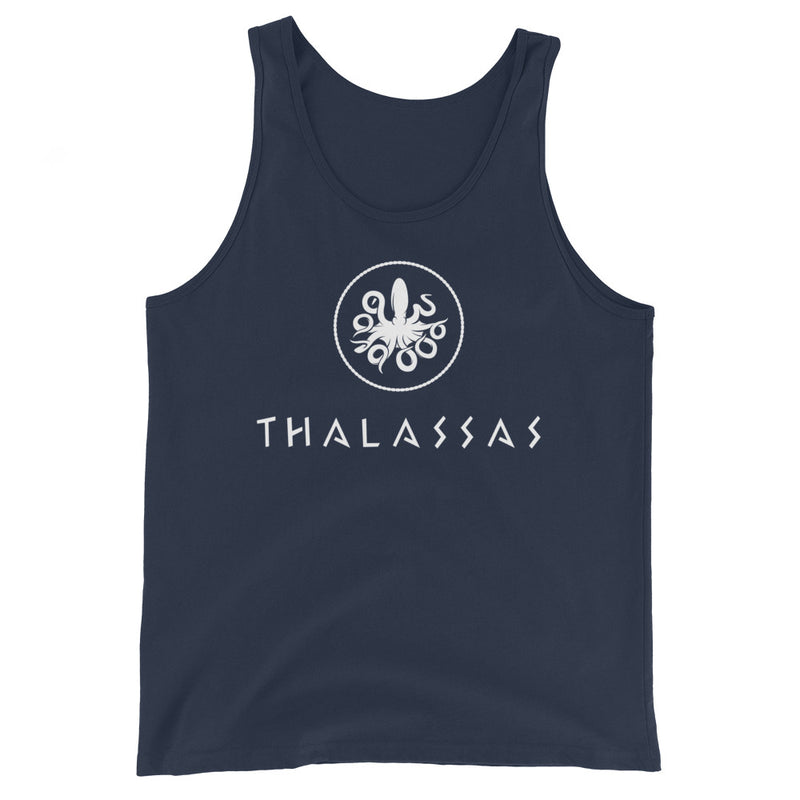 Navy color version of the thalassas unisex tank top design, adult size M