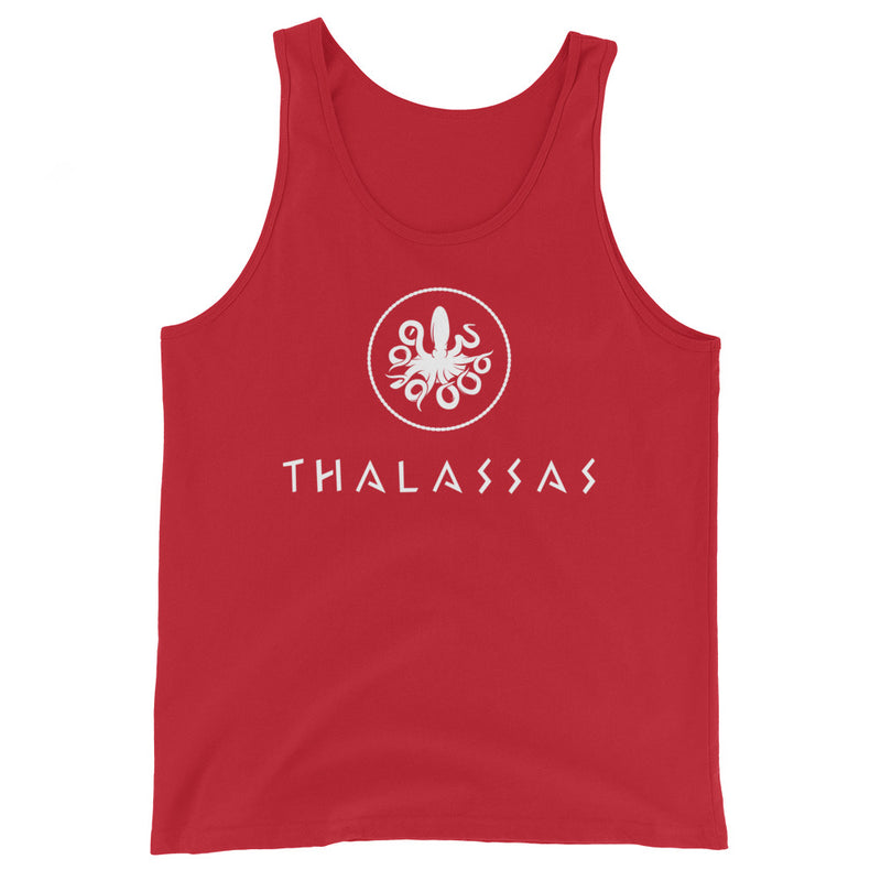 Red color version of the thalassas unisex tank top design, adult size XL.